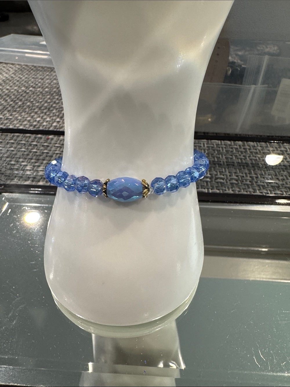 Blue Beaded Stretch Bracelet with Faceted Center